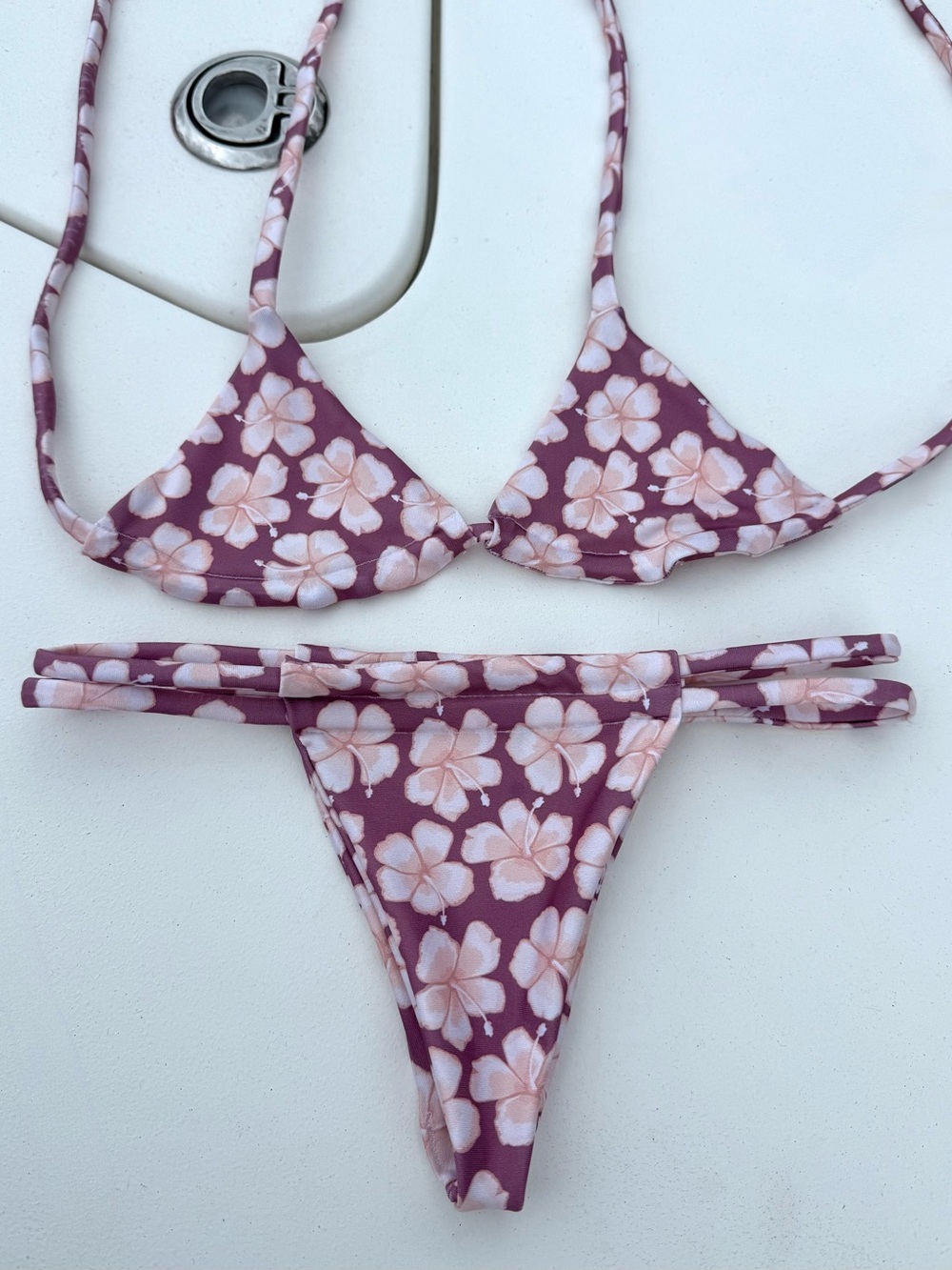 Handmade Floral Triangle Bikini Set in Mauve and Light Pink